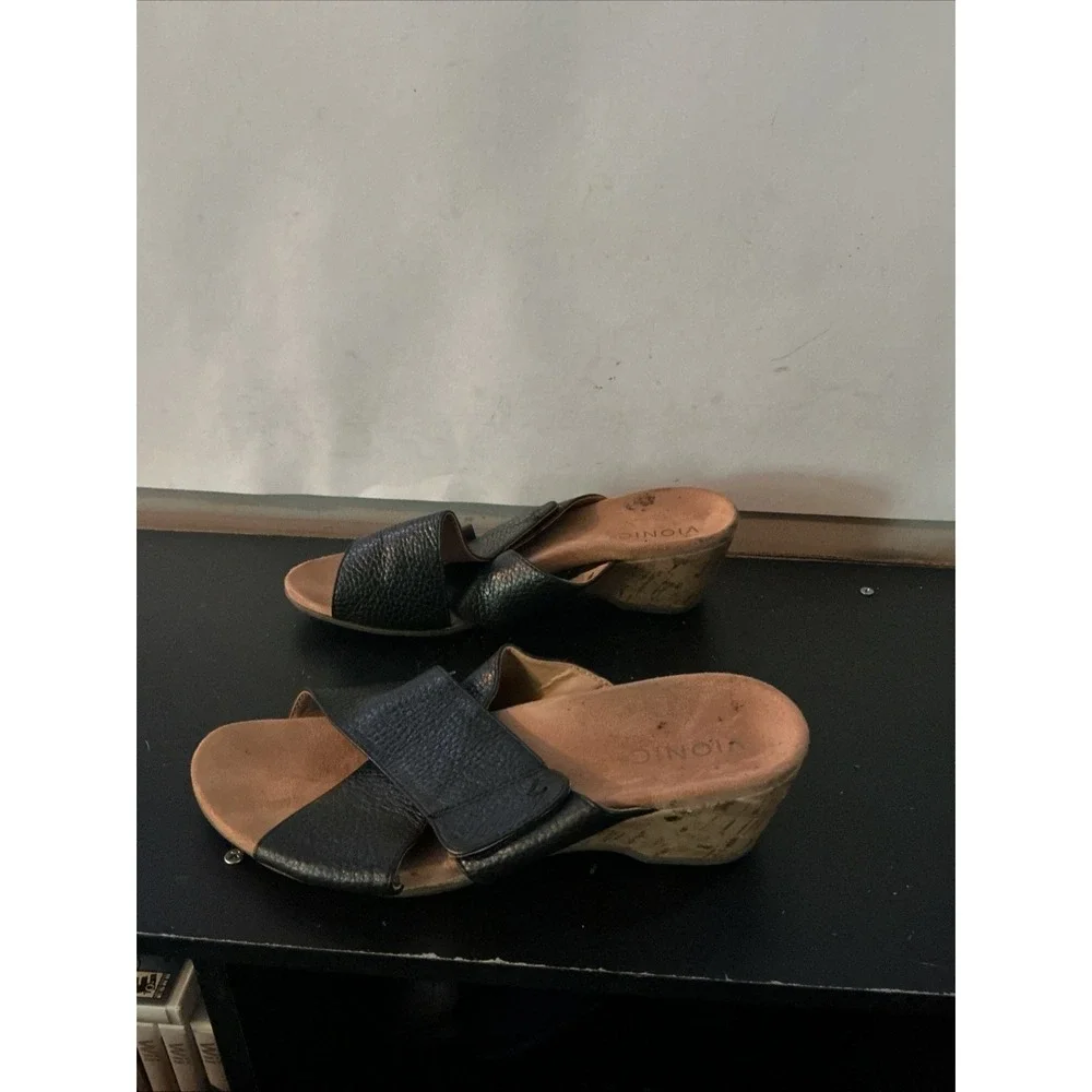 Vionic Leticia Black Lizard Embossed Cork Wedge Sandals Womens 8 Slide